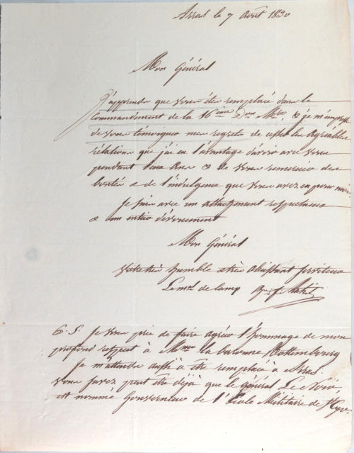 Lettre au Baron Rottemberg affaires militaires Révolution Juillet 1830