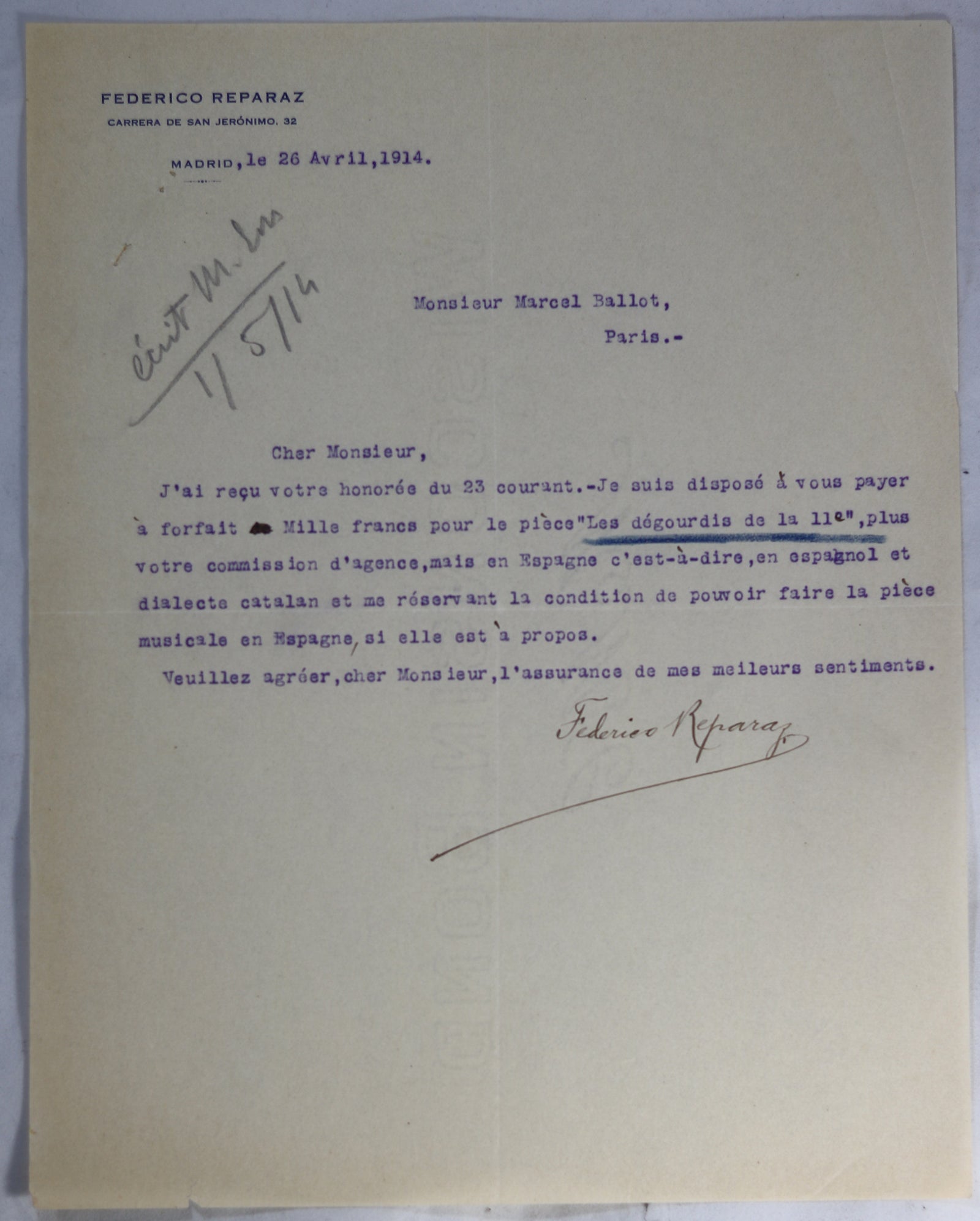 1914 lettre Federico Reparaz à l'agent Marcel Ballot, pièce de theatre