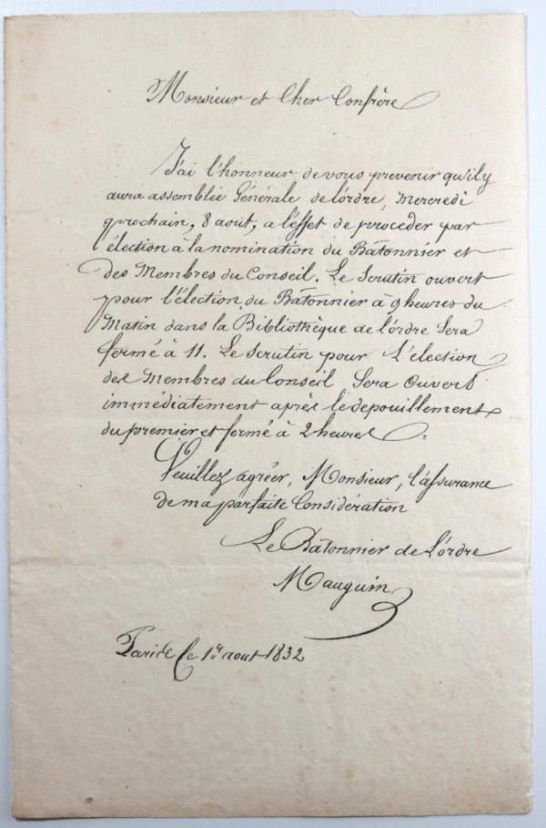 Lettre de Francois Mauguin, homme politique français (Paris 1832)
