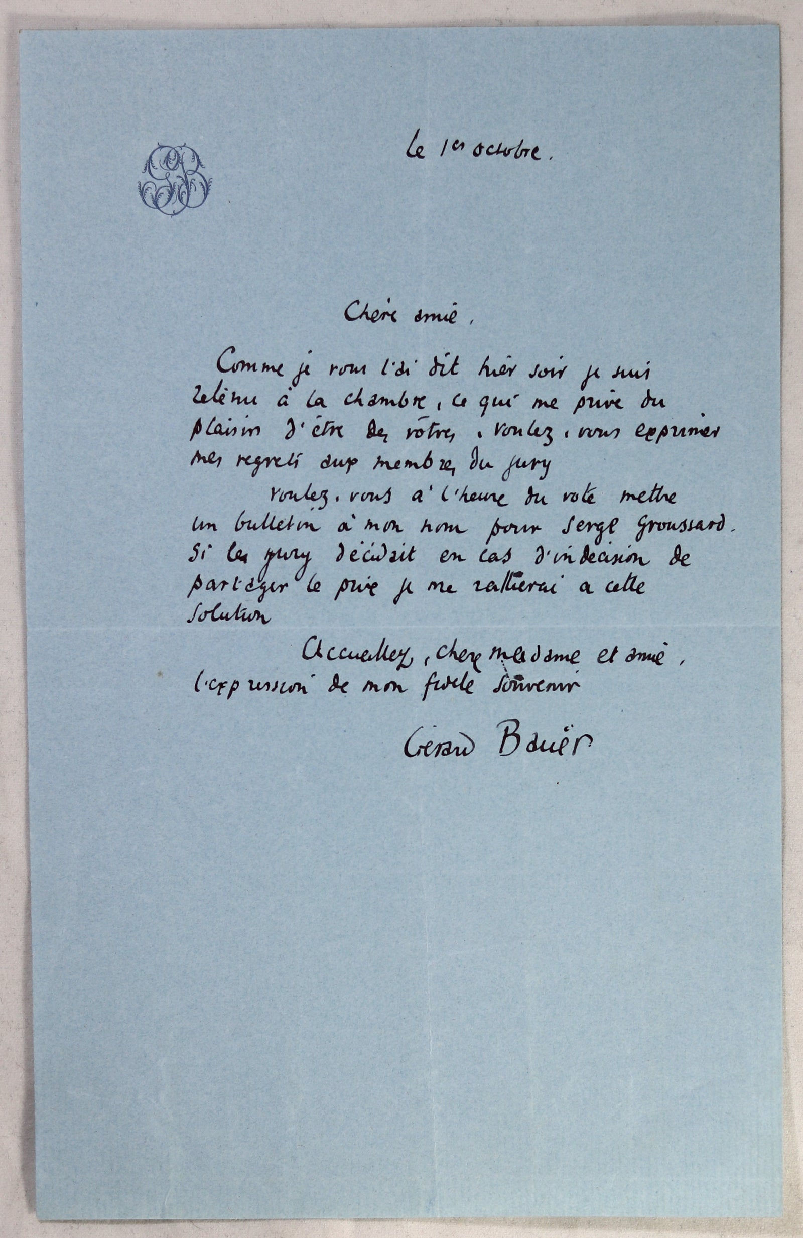 Lettre de Gérard Bauër (essayiste et critique) sur un vote de jury
