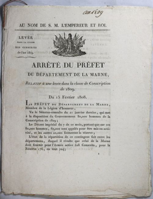 Levée Conscription de 1809, arrêté Préfet de la Marne