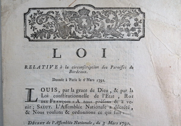 Loi Relative circonscription Paroisses de Bordeaux 1791