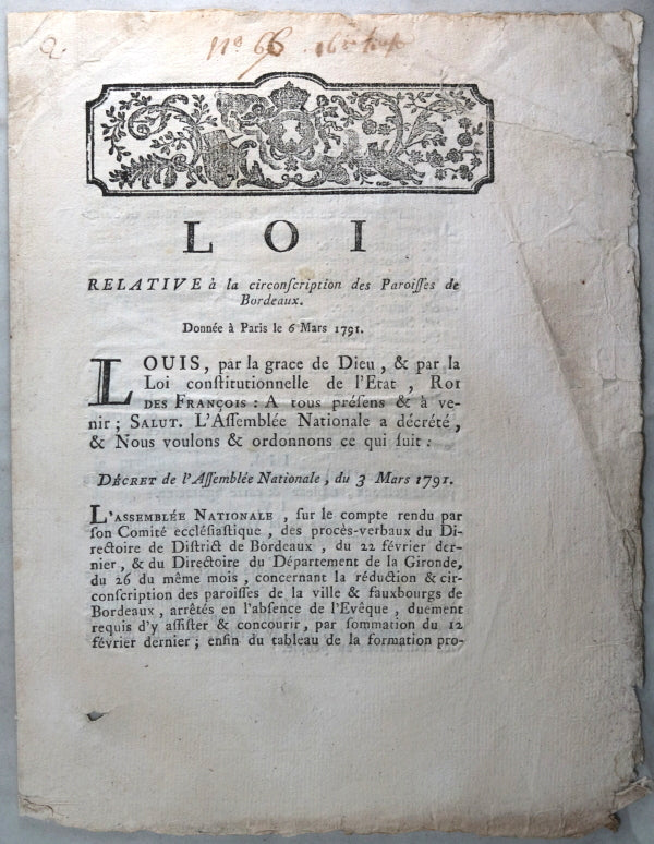 Loi Relative circonscription Paroisses de Bordeaux 1791