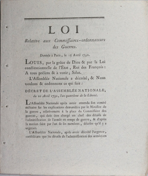Loi relative aux Commissaires-ordonnateurs des Guerres 1792
