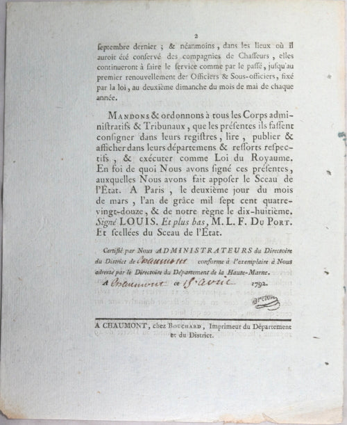 Loi relative aux Compagnies de Chasseurs de la Garde Nationale 1792