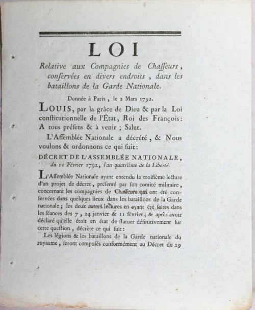 Loi relative aux Compagnies de Chasseurs de la Garde Nationale 1792