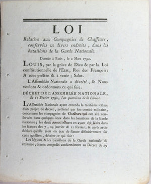 Loi relative aux Compagnies de Chasseurs de la Garde Nationale 1792