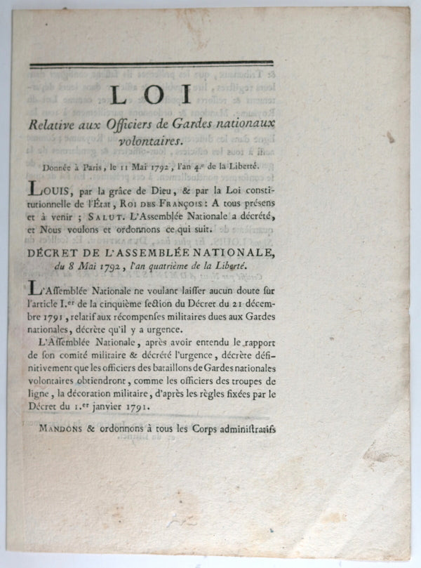 Loi relative aux Officier de Gardes Nationaux volontaires 1792