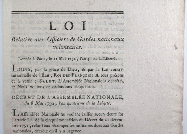 Loi relative aux Officier de Gardes Nationaux volontaires 1792