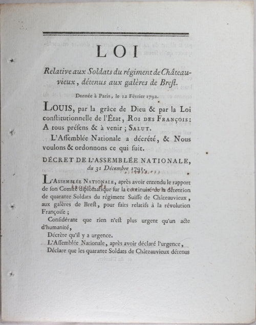 Loi relative aux Soldats de regiment de Châteauvieux 1792