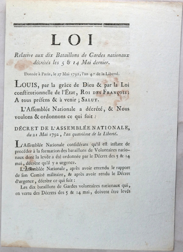 Loi relative aux dix Bataillons Gardes nationaux 1792