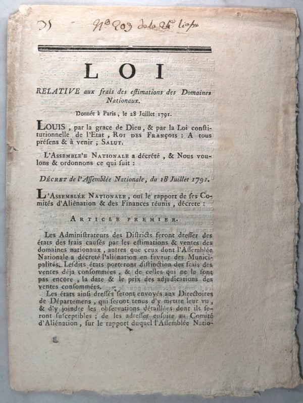 Loi relative aux frais d'estimation Domaines Nationaux 1791