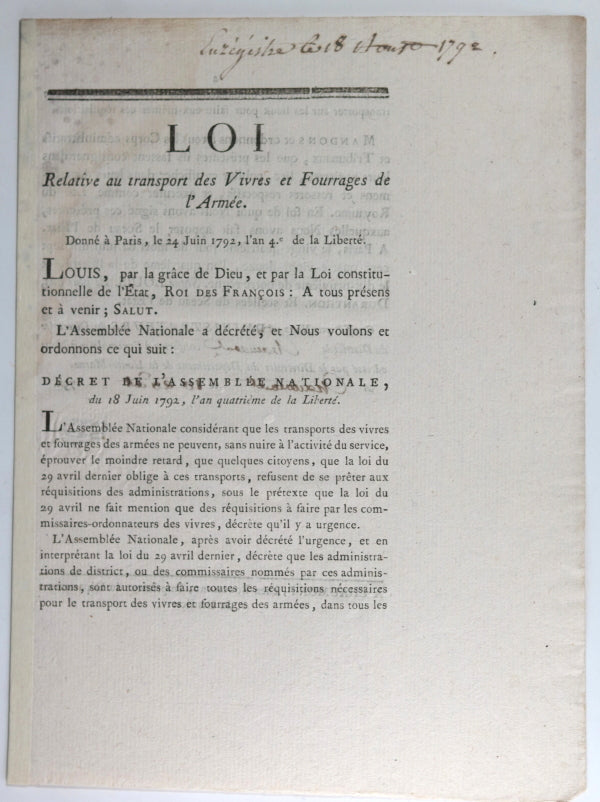 Loi relative transport Vivres et Fourrages de l'Armée 1792