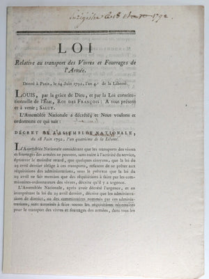 Loi relative transport Vivres et Fourrages de l'Armée 1792