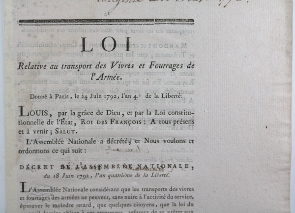 Loi relative transport Vivres et Fourrages de l'Armée 1792