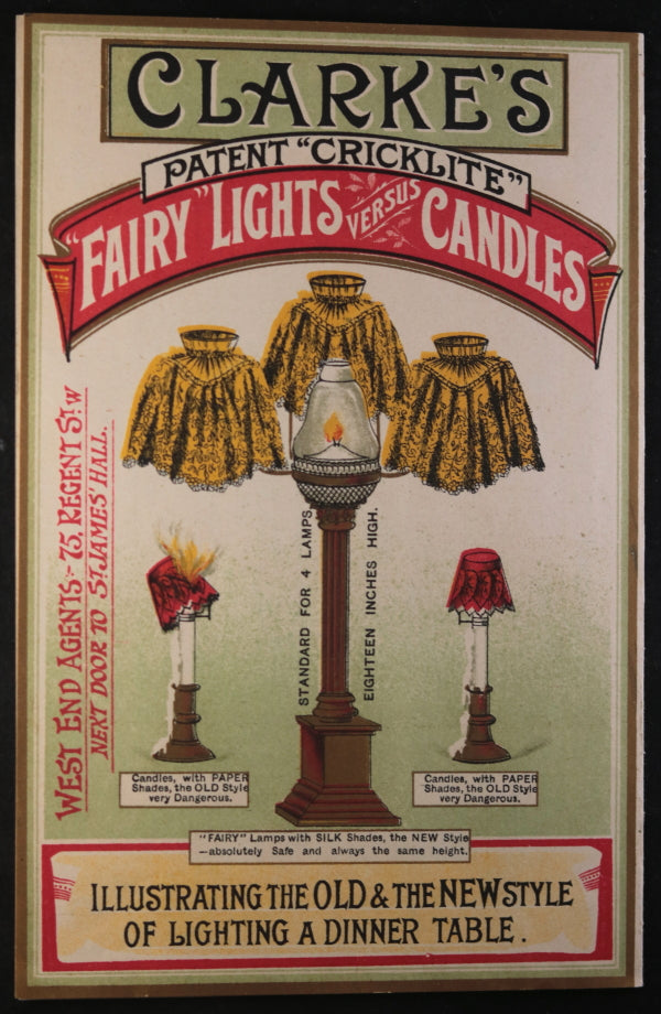 London UK advertising for Clarke’s Cricklite Fairy Lights late 1800s