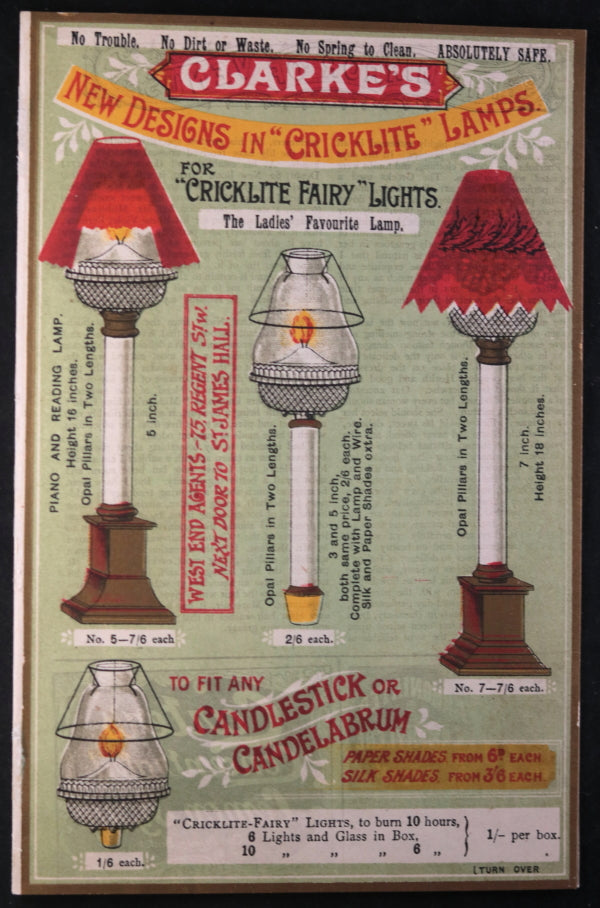London UK advertising for Clarke’s Cricklite Fairy Lights late 1800s