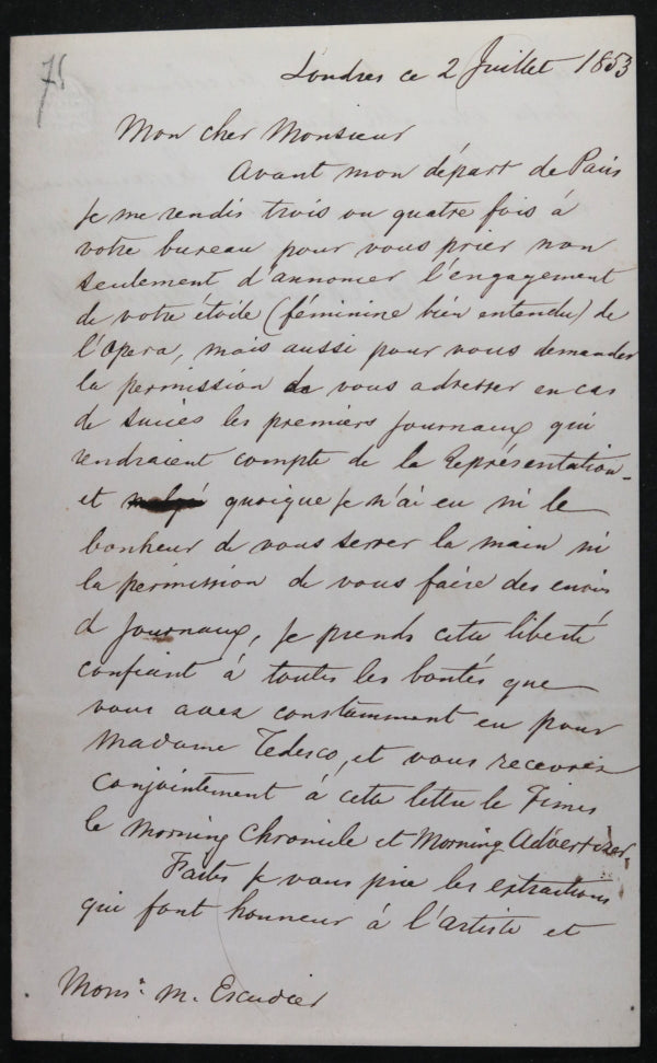 Londres 1853 lettre M. Franco mari Fortunata Tedesco contralto opéra 