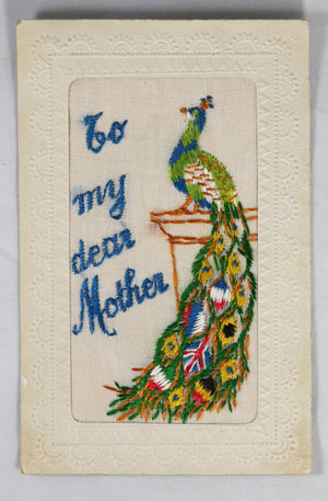 Lot of 2 silk-embroidered postcards WW1 ‘To my dear Mother’ + Valentine