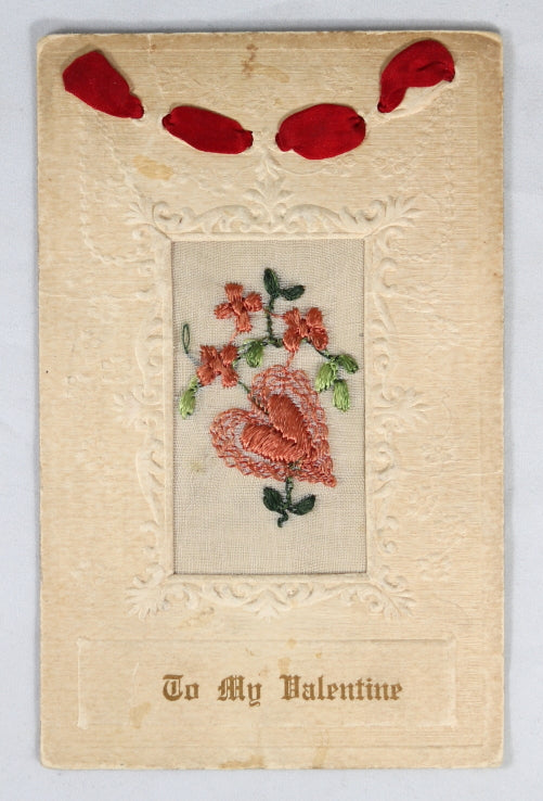 Lot 2 silk-embroidered postcards: WW1 ‘To my dear Mother’ + Valentine