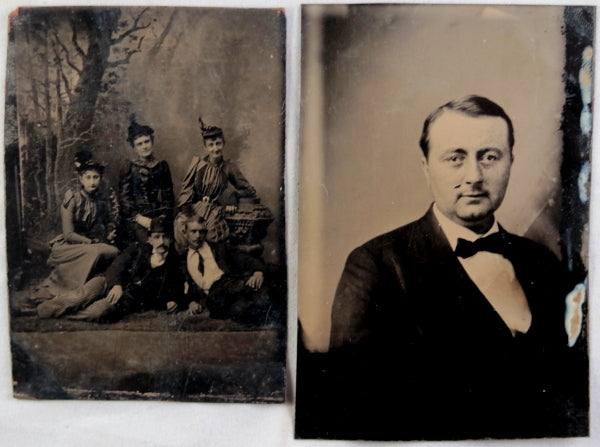 Lot of 4 tintype photos of men and a group, late 1800s