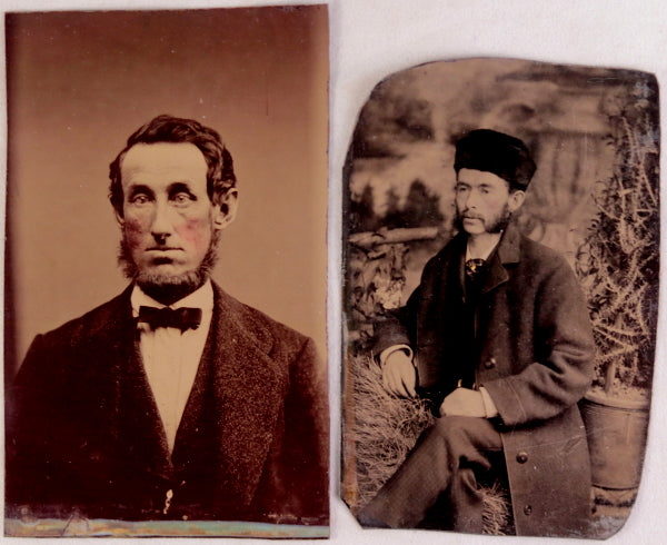 Lot of 4 tintype photos of men and a group, late 1800s