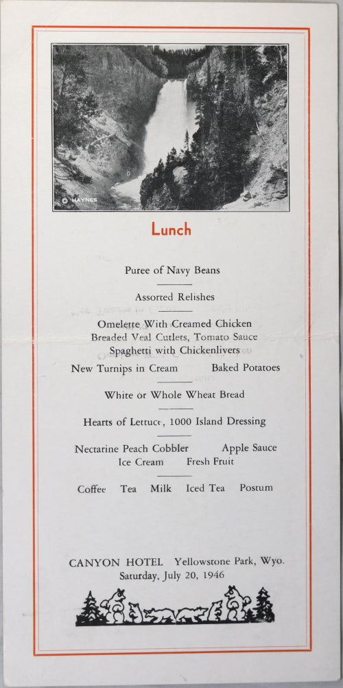 Lunch menu for Canyon Hotel Yellowstone Park Wyo. - 1946