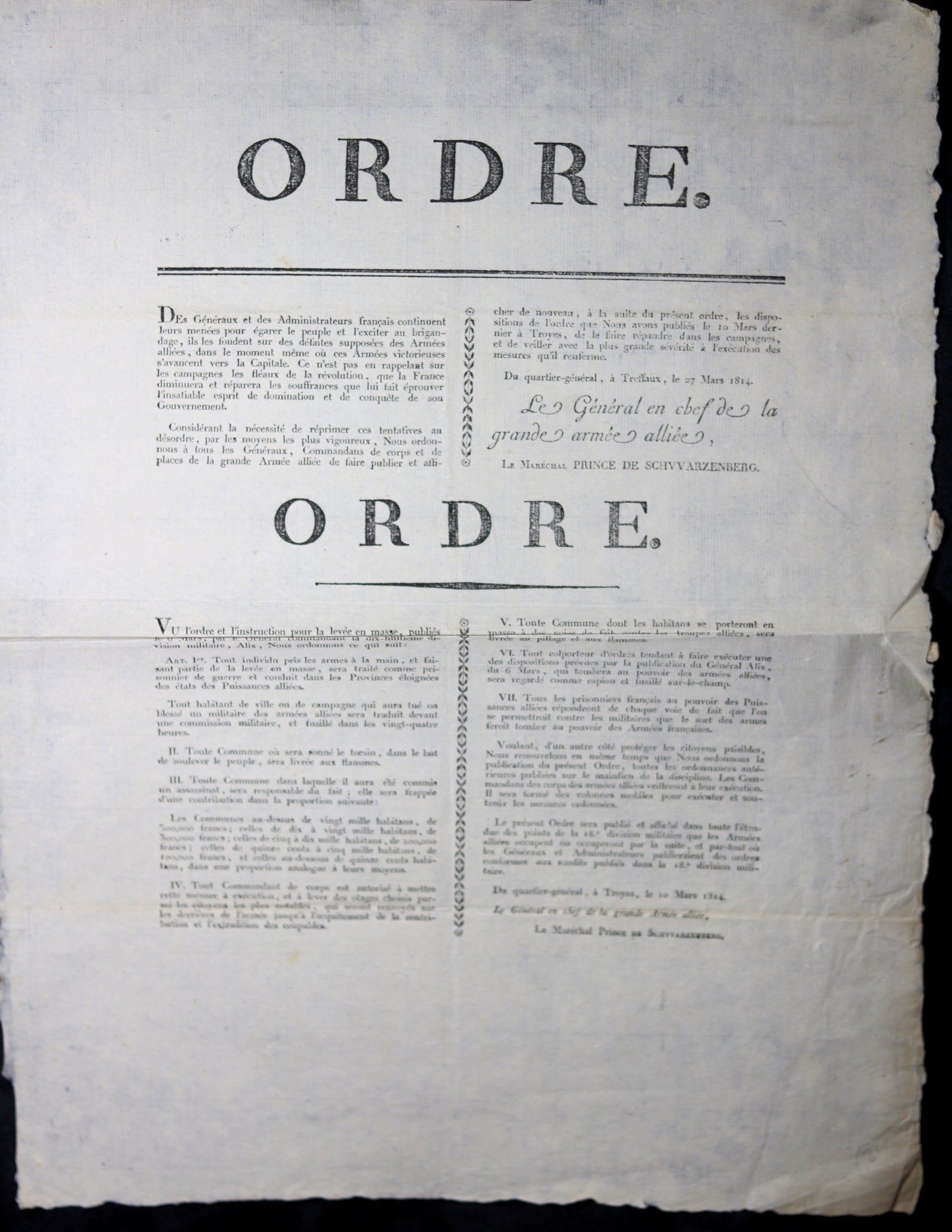 Mars 1814 affiche Restauration, menace contre Bonapartistes par Alliés