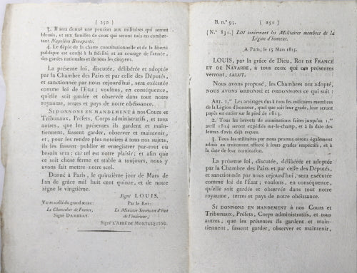 Mars 1815 Napoléon est de retour en France! Loi de Louis XVIII