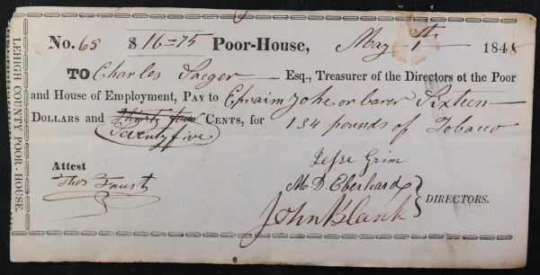May 1st 1848 Allentown PA Lehigh County Poor-House, cheque for tobacco