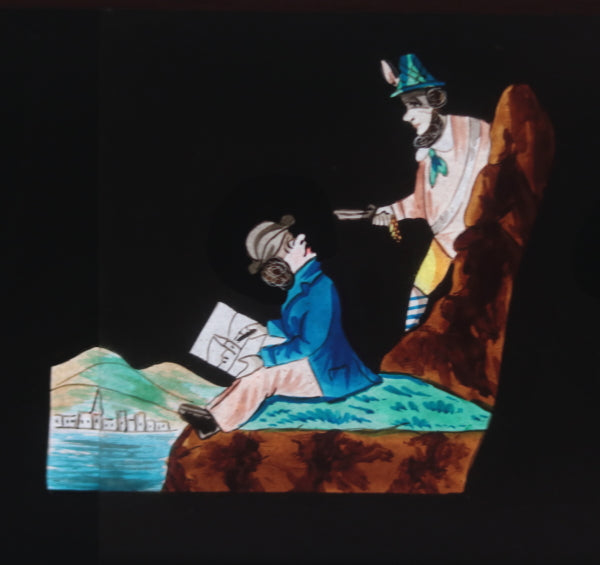 McAllister dissolving magic lantern slide, painter on mountain c. 1900