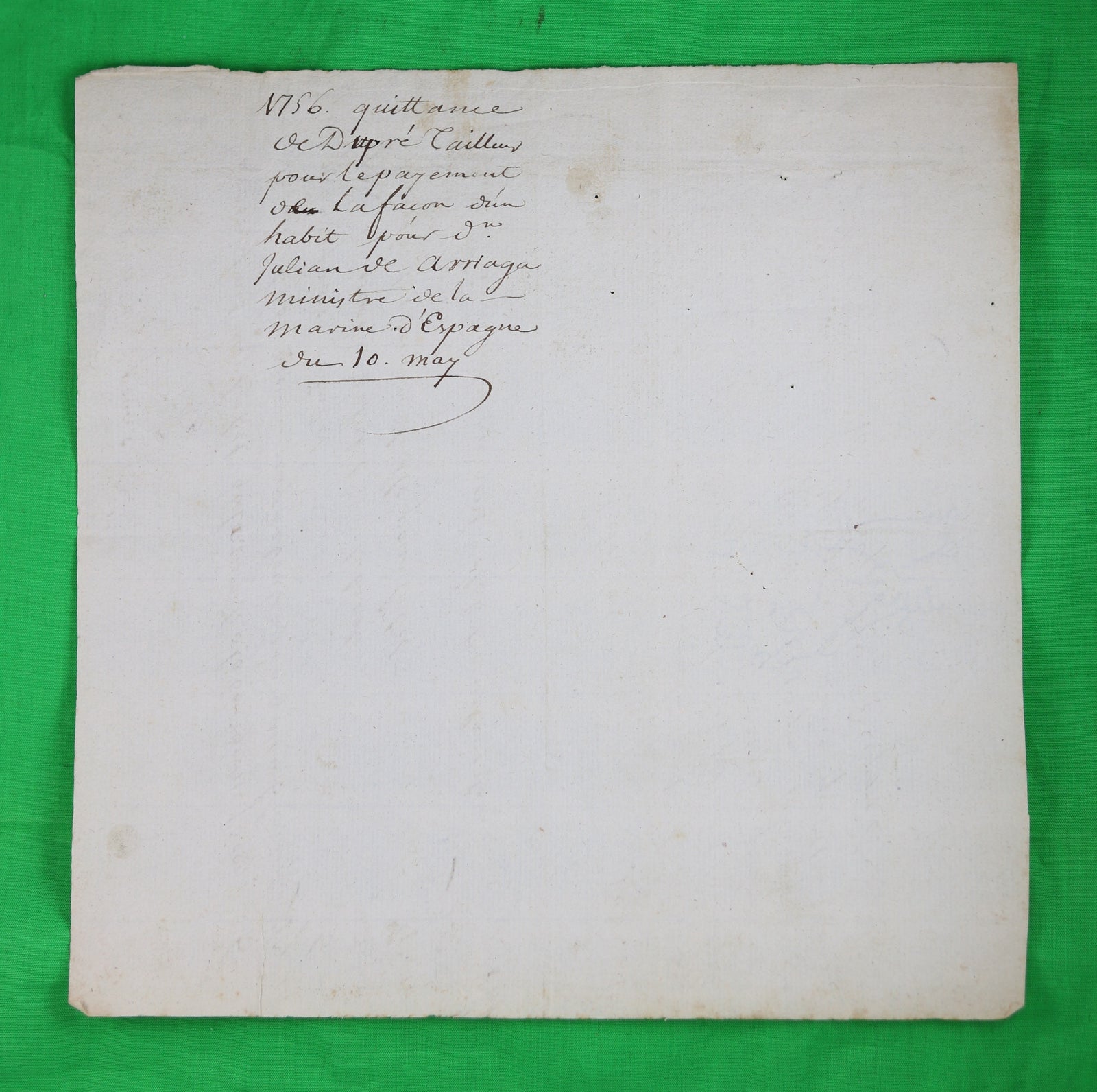 Mémoire et quittance pour un habit fournit à M. Arriaga, ministre de la marine d'Espagne, Paris 1756