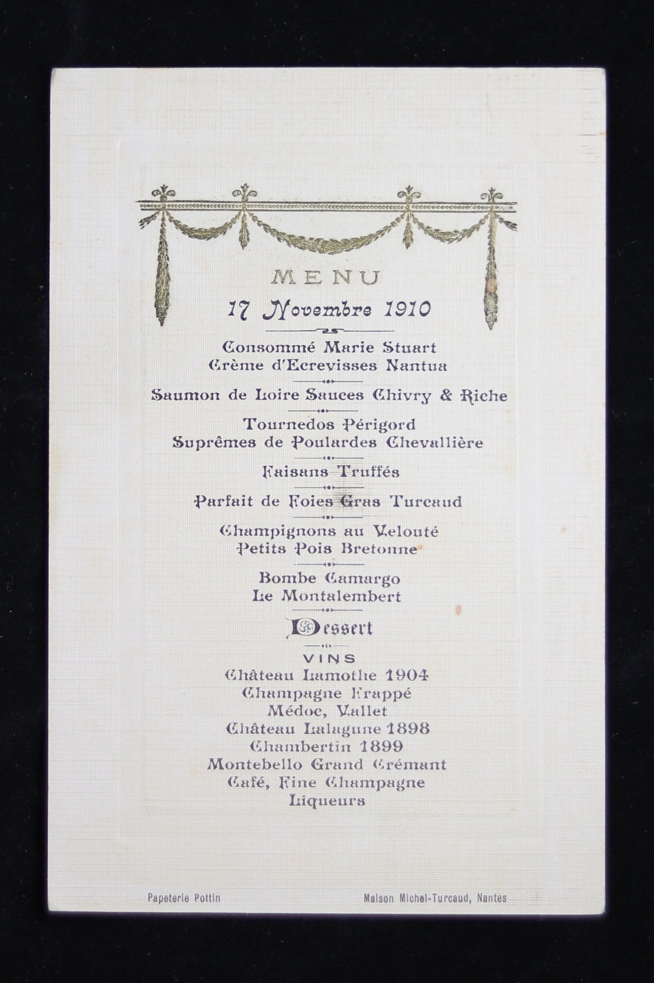 Menu Maison Michel-Turcaud Nantes 1910