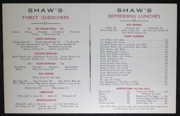 Menu for Shaw’s Restaurant – Muskoka (Canada) c. 1950s