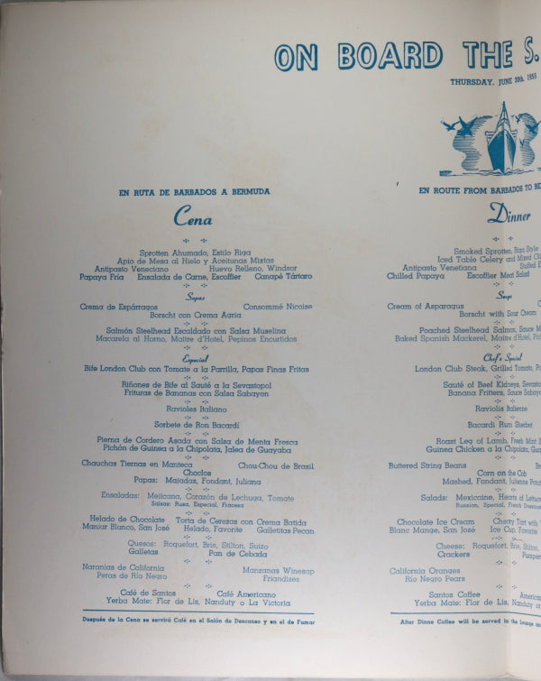 Moore McCormack Cruise Ship Menu 1955 (Barbados-Bermuda)