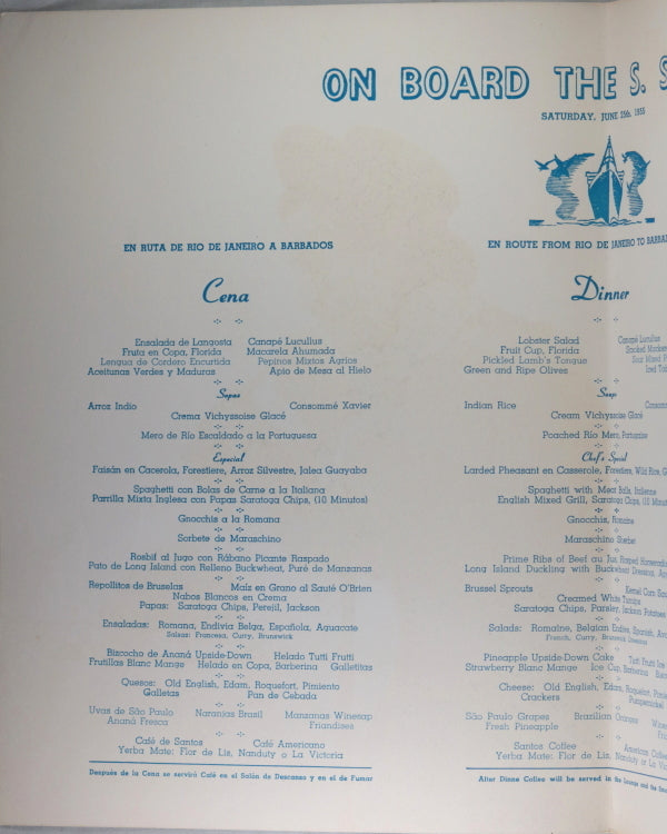 Moore McCormack Cruise Ship Menu 1955 (Rio de Janeiro-Barbados)