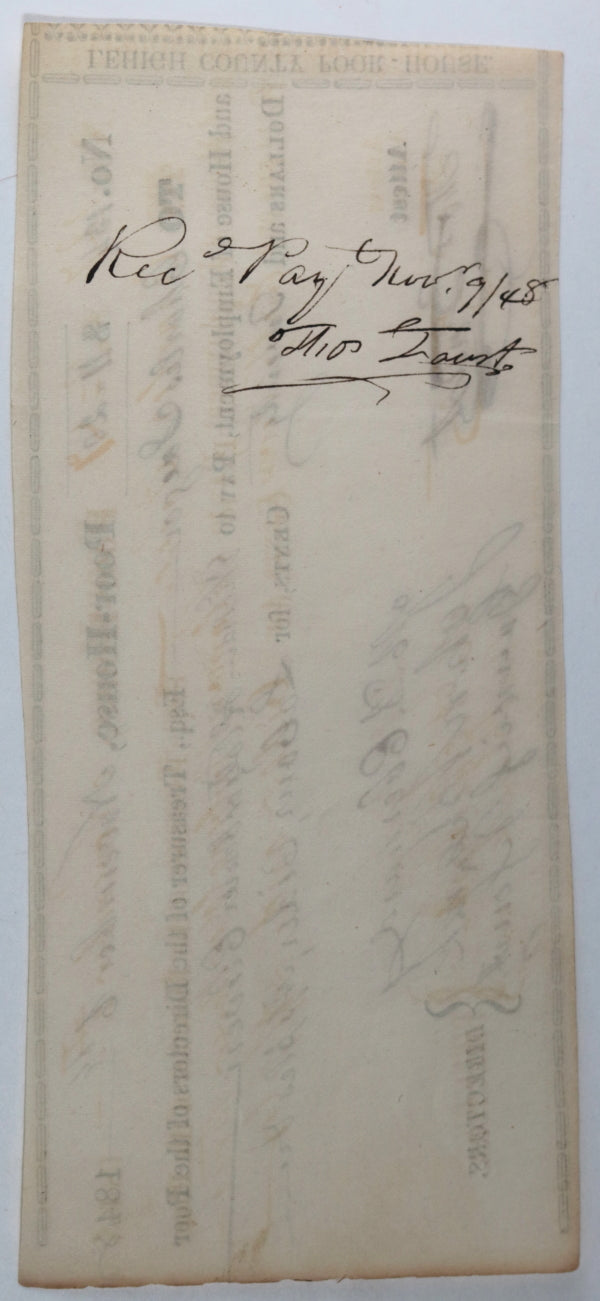 Nov. 6th 1848 Allentown PA Lehigh County Poor-House cheque: labour