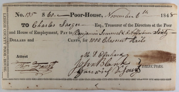 Nov. 6th 1848 Allentown PA Lehigh County Poor-House cheque wood rails