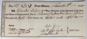 Nov 2 1848 Allentown PA Lehigh County Poor-House cheque cider & apples