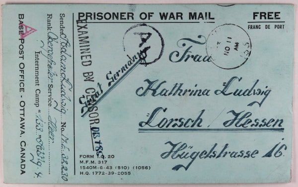 November 1943 card German POW Camp #133 Lethbridge AB to Germany