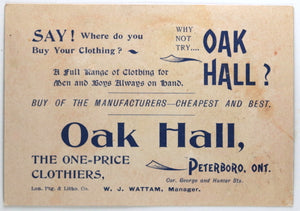 Oak Hall Clothiers Peterboro Ontario advertising trade card early 1900s
