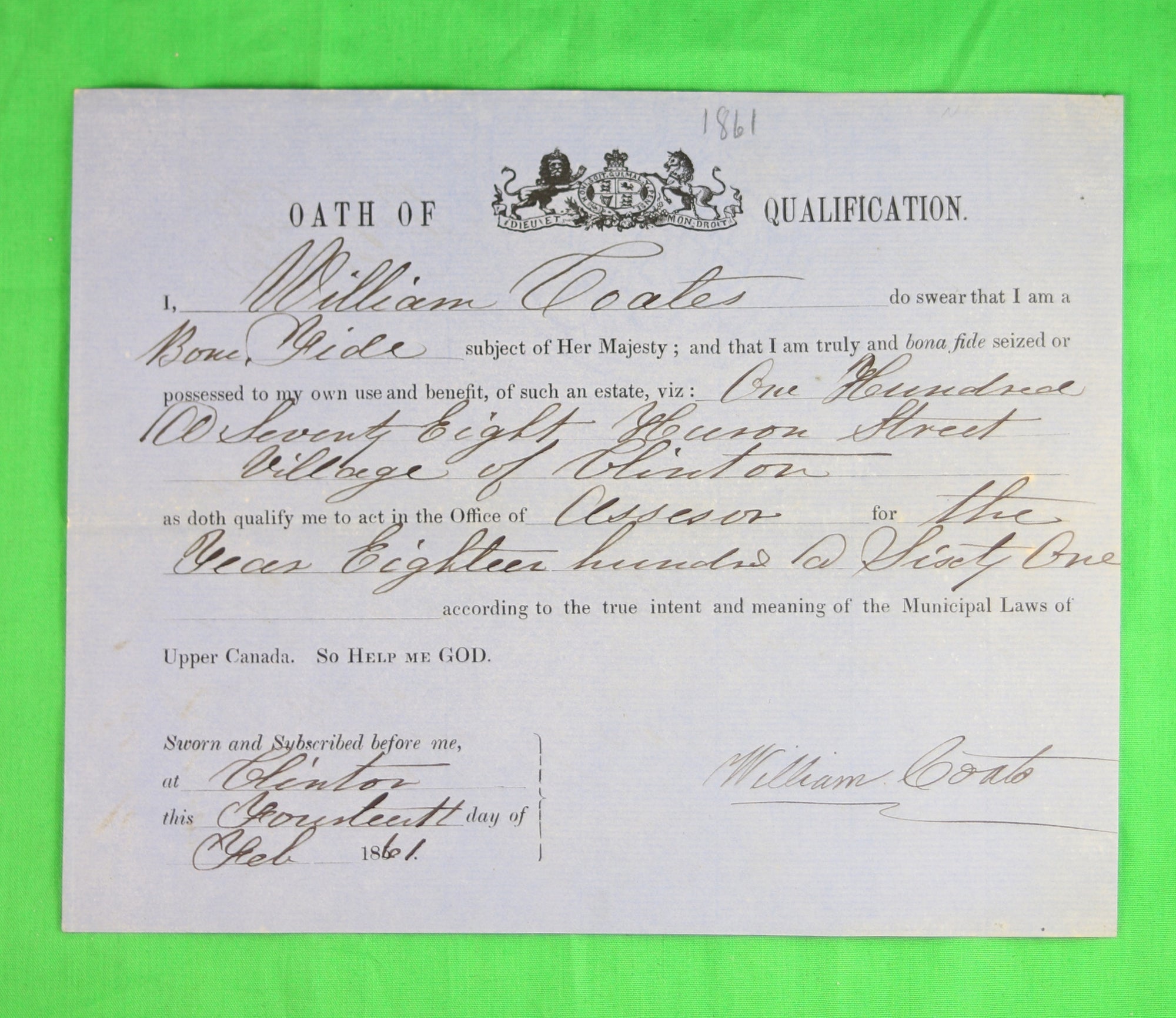 Oath of Qualification - Assessor for Clinton Ont. (1861)
