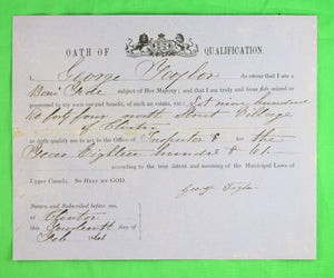 Oath of Qualification - Inspector for Clinton Ont. (1861)