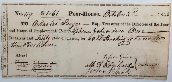 Oct 2nd 1848 Allentown PA Lehigh County Poor-House cheque for tobacco