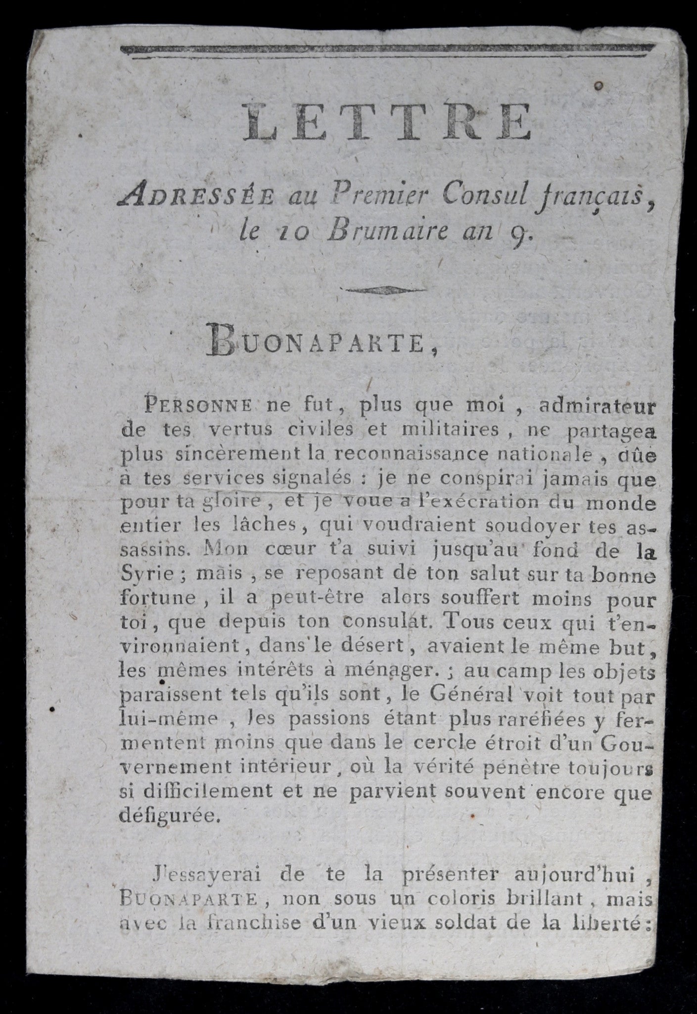 Pamphlet anonyme d'un républicain à Napoléon 1800
