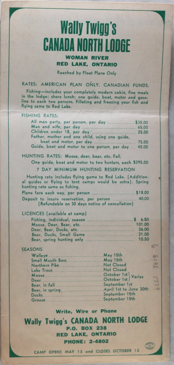 Pamphlet for Wally Twigg’s Lodge, Red Lake Ontario c. 1970s