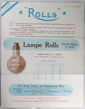 Pamphlet pour lampe Rolls, années 30/40