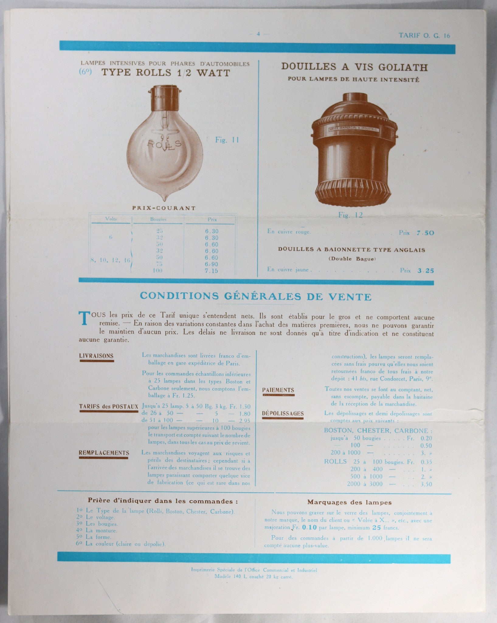 Pamphlet pour lampe Rolls, années 30/40 Pamphlet pour lampe Rolls, années 30/40