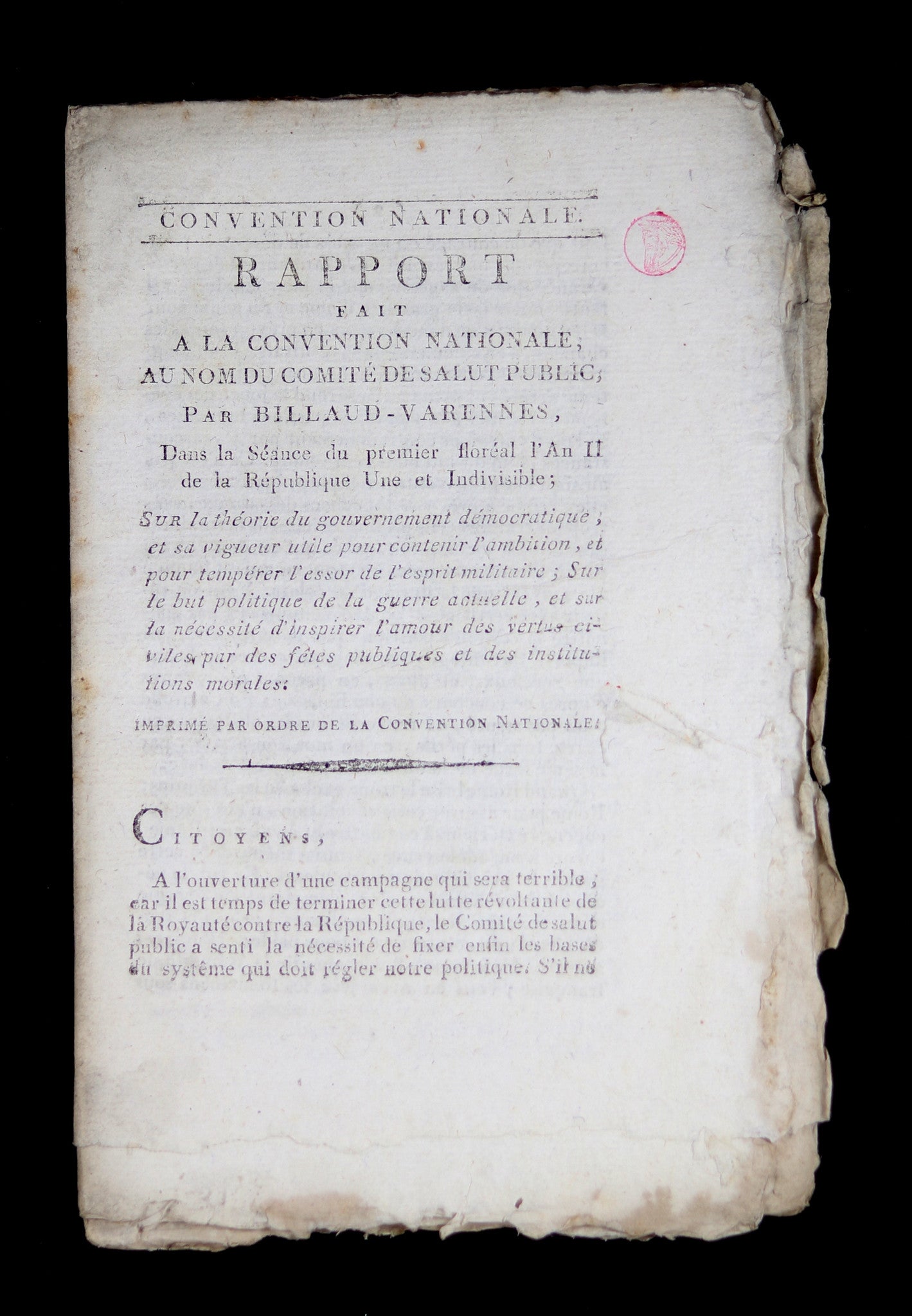 Pamphlet révolutionnaire Billaud-Varenne "Gouvernement Démocratique" 1794