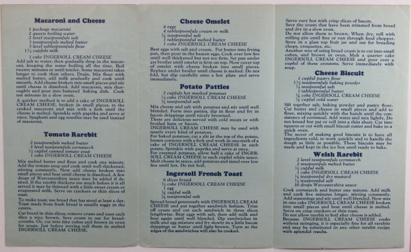 Pamphlet with recipes for Ingersoll Cream Cheese Co. c.1920